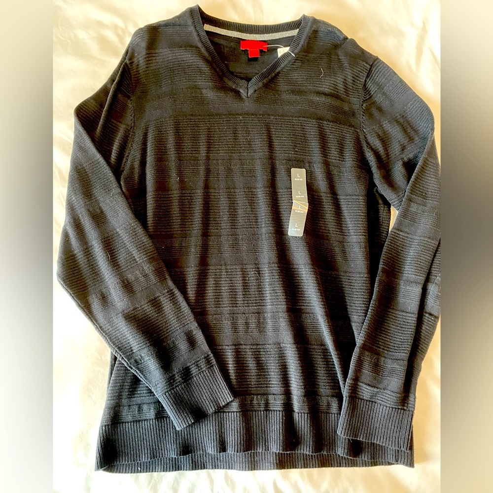 Black Cotton Blend V-neck Striped Sweater
